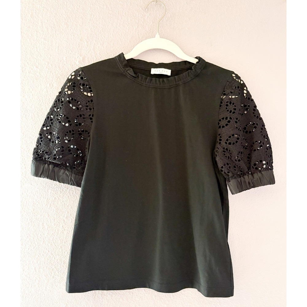 Sandro Paris Black Eyelet Lace Short Sleeve Top Chic Minimalist Size Small